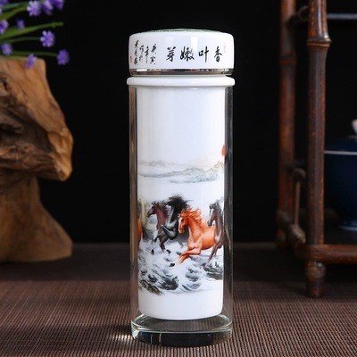 骨瓷水晶玻璃陶瓷保溫杯 雙層帶內膽中式泡茶白玉杯商務禮品定制