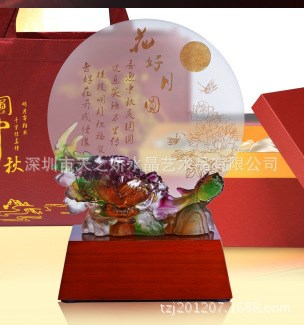 中秋节礼品 花好月圆玉石摆件 平安扣白玉工艺品 家居装饰礼品