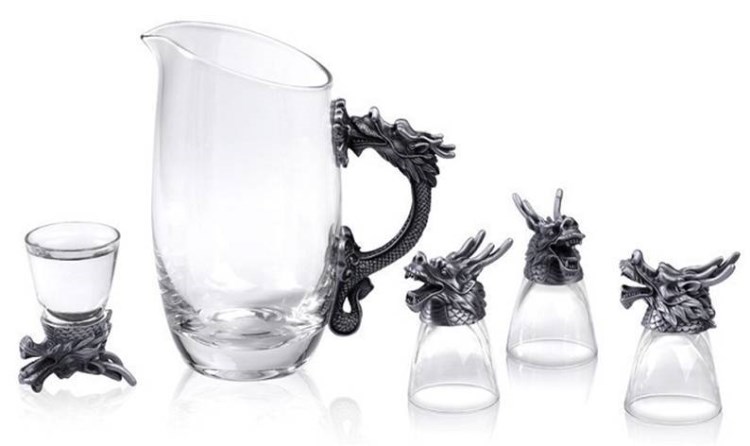 龙头水晶酒杯 合金玻璃兽首酒杯 生肖酒杯五件套 佳节礼品