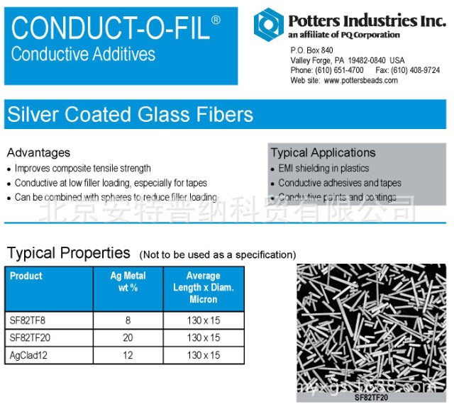 供应美国Potters镀银玻璃纤维SF82TF8、SF82TF20、AgClad12