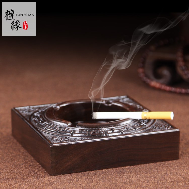 黑檀实木质烟缸中式烟灰缸古典方形大号烟缸复古客厅商务送礼