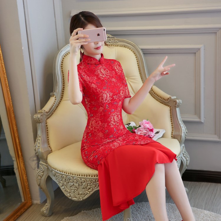 2018新款红色中国风修身结婚宴会禮服气质婚纱礼服