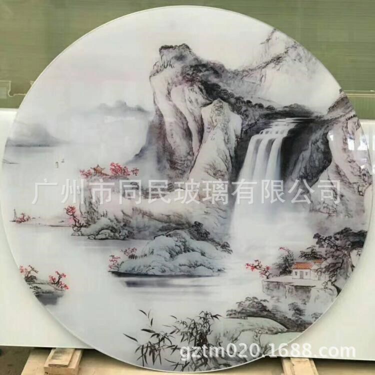 艺术屏风夹层夹绢水墨山水画 隔断玄关玻璃中间夹丝泼墨抽象图案