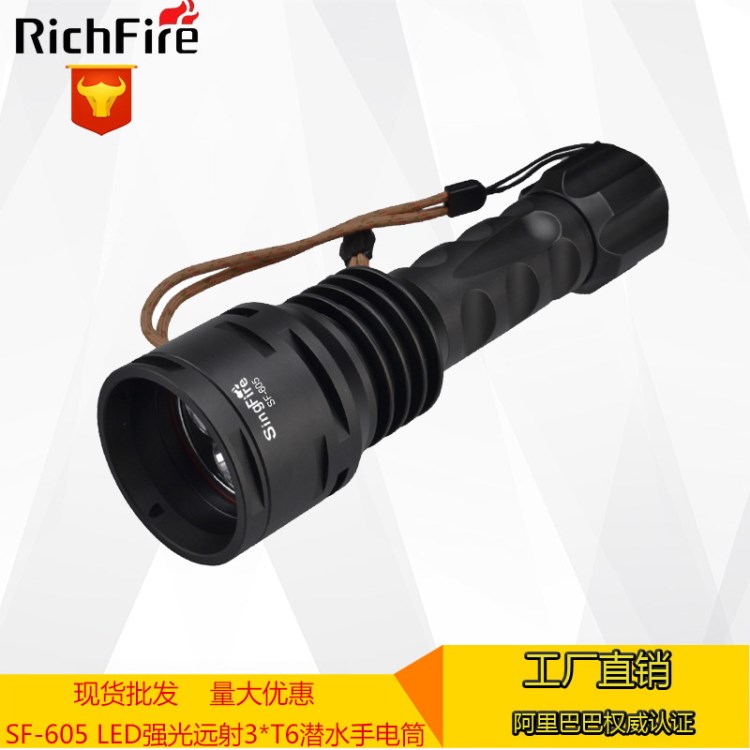 RichFire户外3*T6强光远射潜水生活照明手电LED充电防水5档手电筒