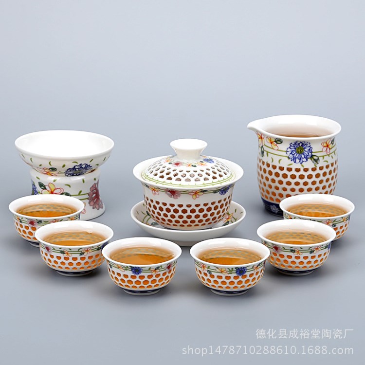 玲珑10头茶具 蜂巢水晶镂空自动茶具 公司礼品10头茶具套装