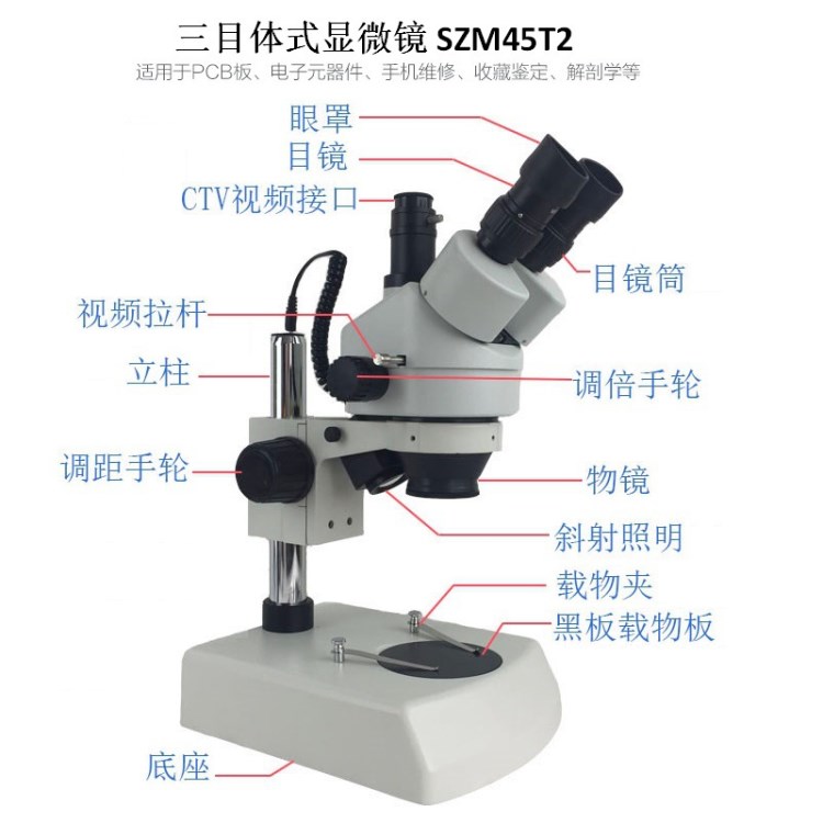 SZM45T2体式显微镜三目视频外接HDMI相机VGA相机上下光源