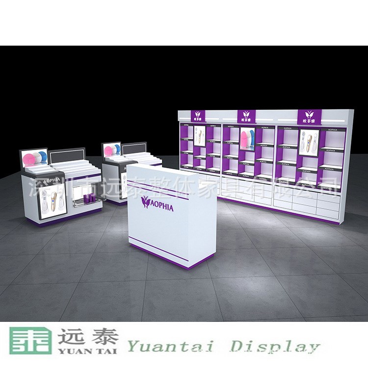 深圳远泰定制紫色烤漆化妆品展示柜｜高端制作护肤品专柜G-C261