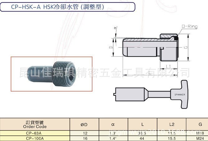 HSK冷却管HSK63 HSK刀杆中心出水导管 HSK内冷却管专用扳手