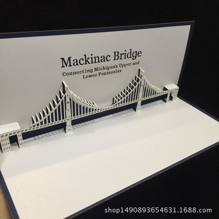 3d立体纸雕贺卡Mackinac Bridge旅游建筑纪念商务祝福镂空贺卡