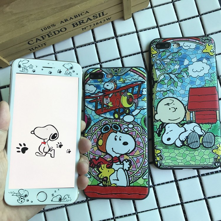 史努比7代浮雕卡通软壳苹果8plus软边钢化膜iphone6s全屏玻璃彩膜