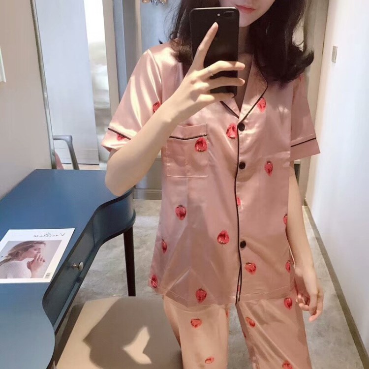 夏季新款真丝草莓套装  家居服满身短袖长裤款南韩丝 粉色 M L XL