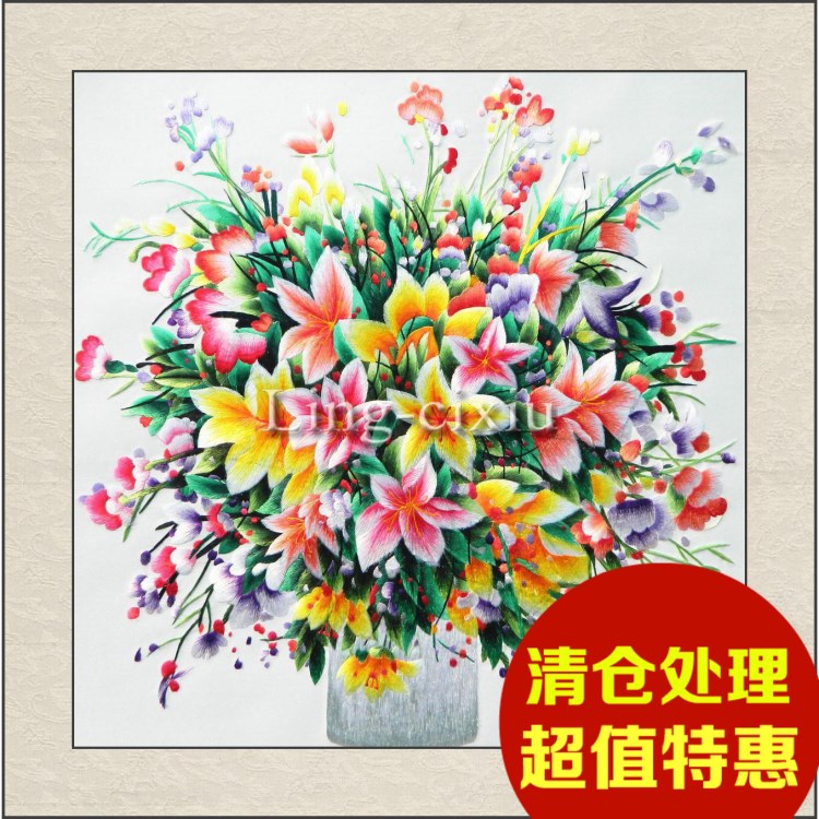 批发苏绣刺绣成品百花争艳真丝精品画花瓶客厅玄关挂画卧室装饰画