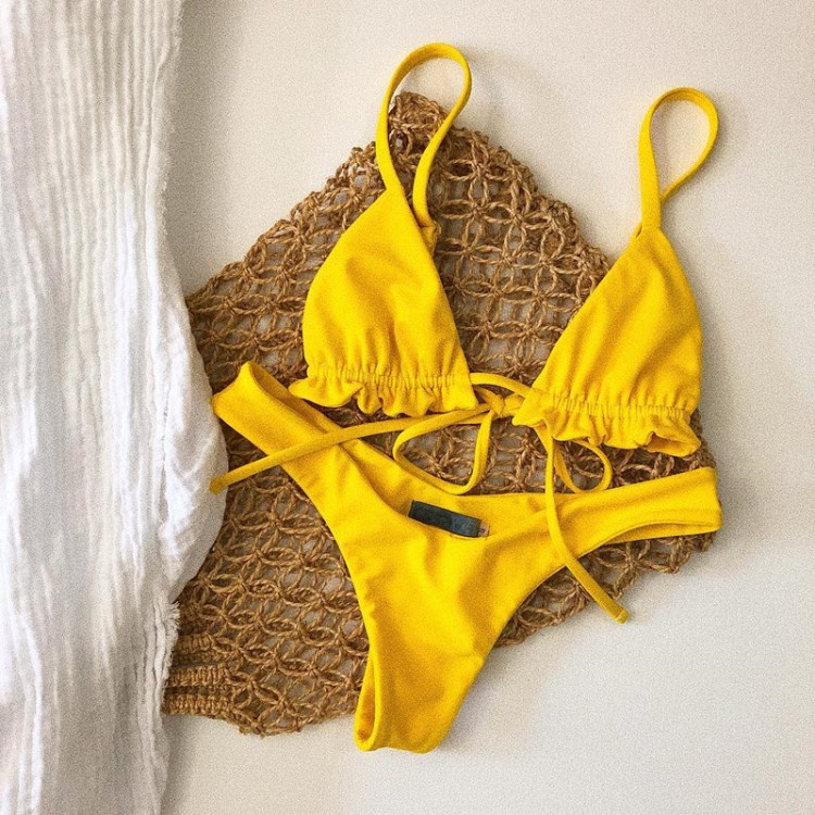 2018速卖通爆款色比基尼绑带泳衣女士荷叶边泳装欧美性感bikini