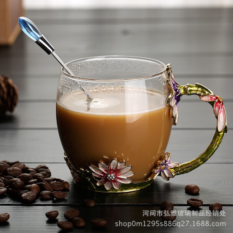 厂家直销珐琅杯创意玻璃水杯水晶咖啡杯泡花茶杯果汁杯现货