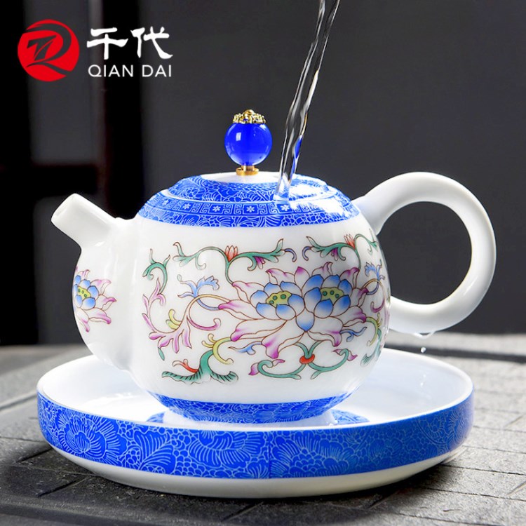 千代 手工扒花青花瓷茶壶 珐琅彩满花泡茶壶壶承 景德镇扒花茶具