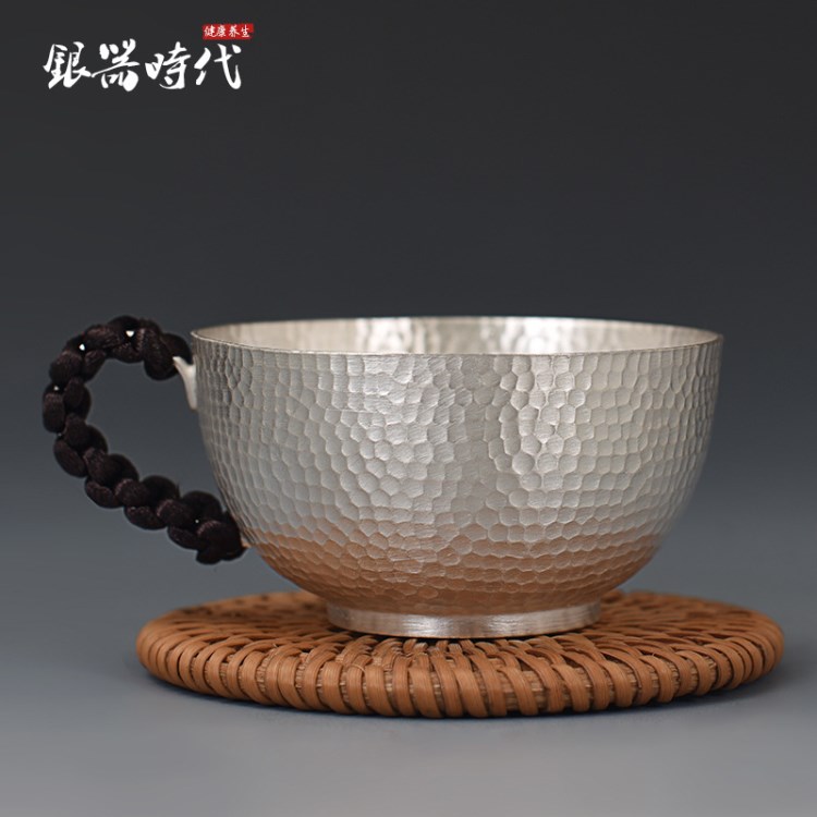 高品质带把银茶杯999银杯子免费缠绳子 喝茶不烫手银茶碗