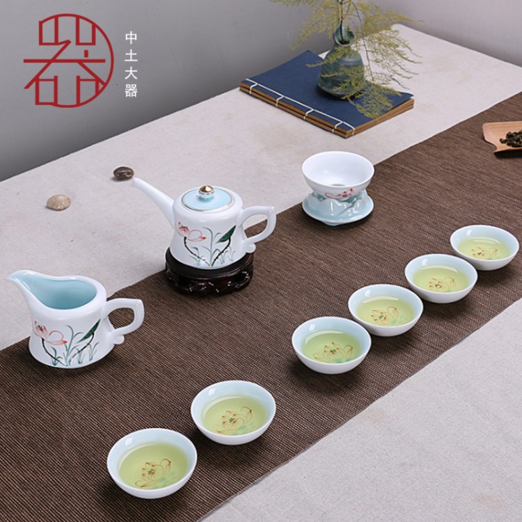 礼品手绘青花瓷定窑功夫茶具套装整套陶瓷茶具批发定制