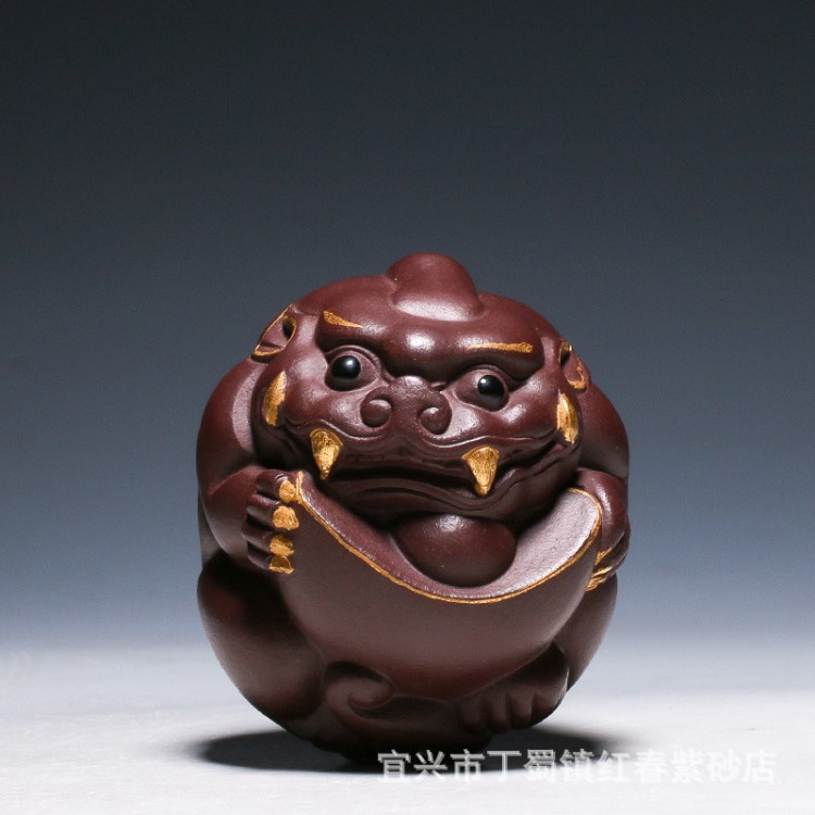 红春紫砂 批发宜兴紫砂精品茶宠描金貔貅雕塑茶具摆件工艺品定制