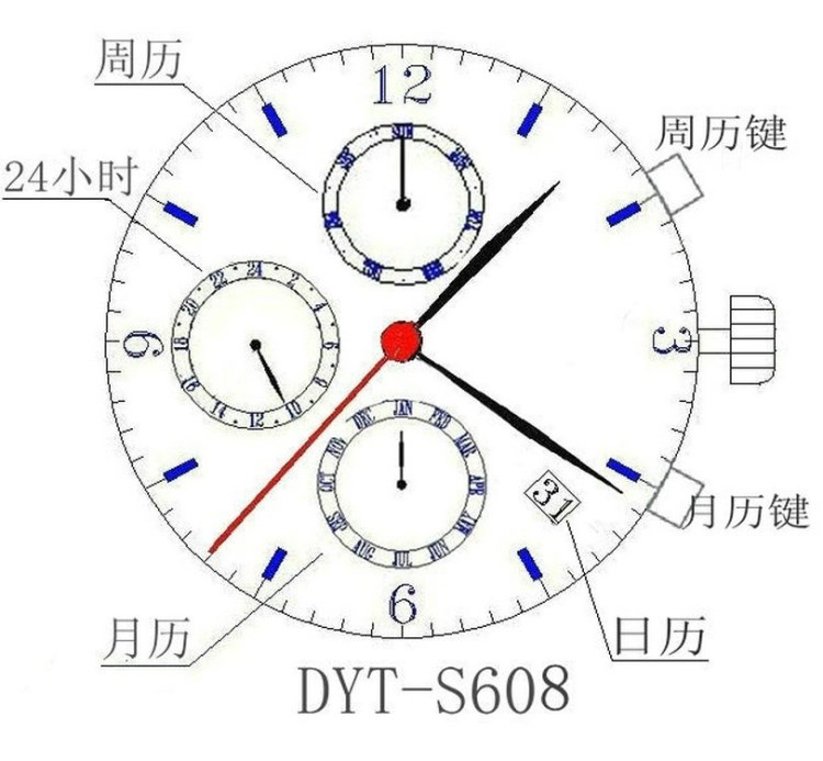 DYT-S608和S609系列多功能石英手表机芯六针石英机芯