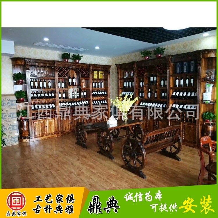 厂家直销实木红酒柜酒庄陈列红酒柜炭化木展柜定制