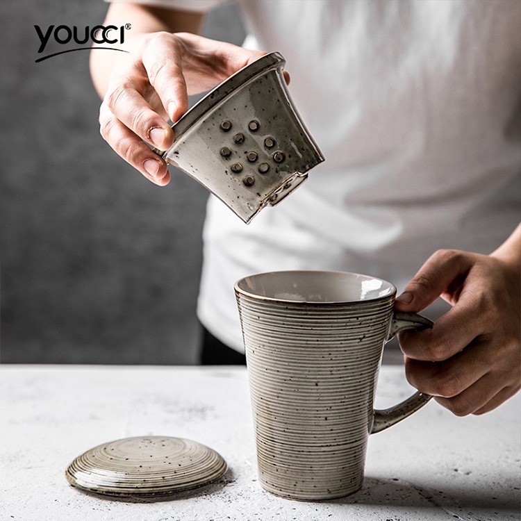 日式芝麻釉陶瓷杯办公室泡茶杯螺纹马克杯带茶漏杯子家用水杯批发