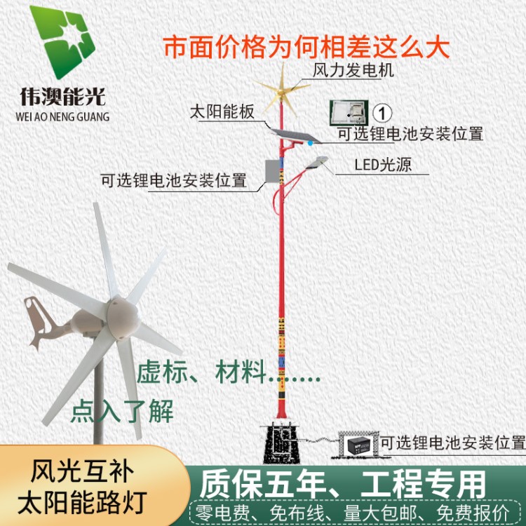 伟澳市电风光互补太阳能路灯6米新农村路灯风力发电路灯生产厂家