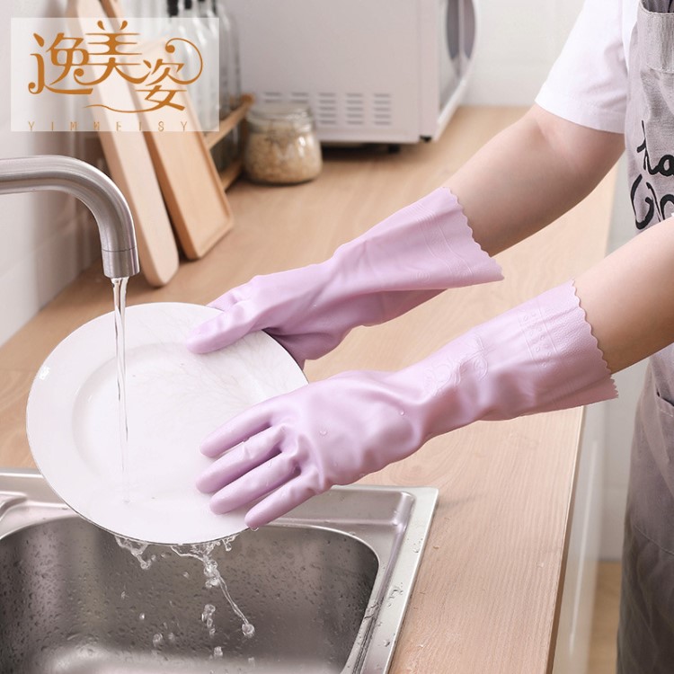 乳胶洗衣洗碗厨房防水防滑家用保暖手套加绒PVC植绒家务清洁手套