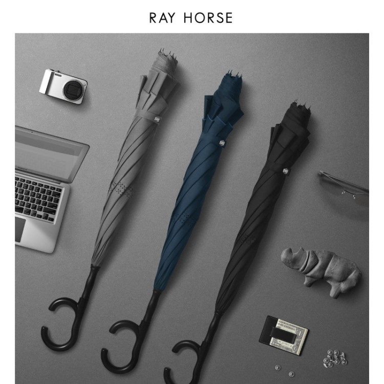 RAY HORSE 创意双层直杆自动反向伞简约素色加大C型手柄反向雨伞