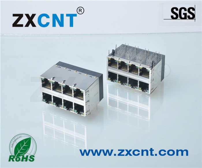 RJ45千兆滤波器双层带灯2X4网口支持POE网络插座ZXRJ-2249-51TNL