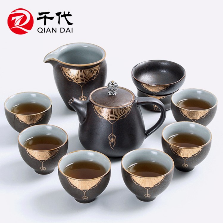 千代 仿古铁锈银斑功夫茶具 窑变铁锈釉补丁茶具套装 茶壶茶器