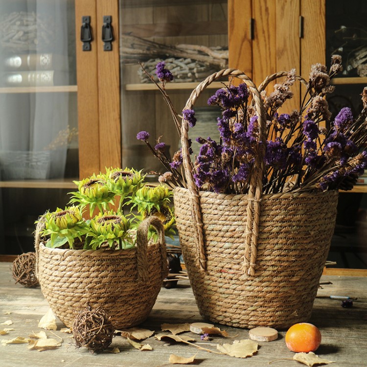 草编工艺品花园手工收纳储物篮编织花篮花器多肉绿植柳编草编花篮