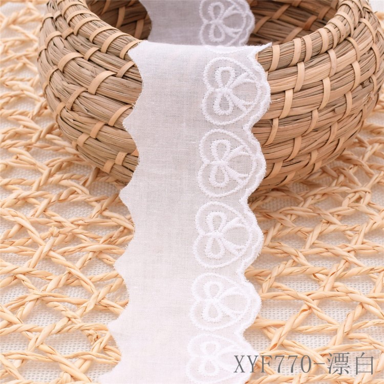 XYF770漂白色全棉布刺绣花边条码 4.6cm棉线刺绣爱心蝴蝶结花边