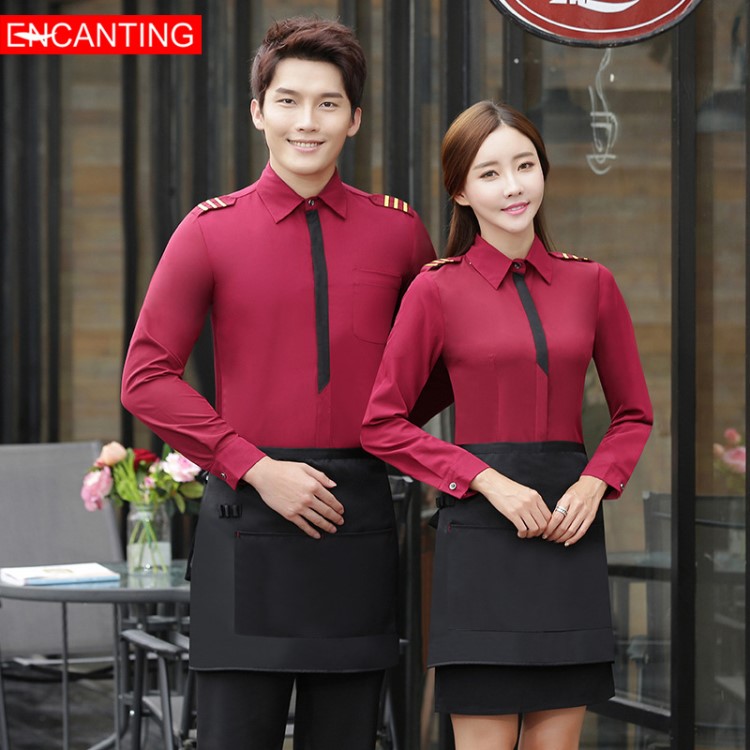 [彩婷]时尚男女咖啡厅服务员工作服长袖酒店快餐店制服套装