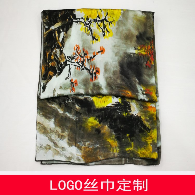 真丝数码印花丝巾来图定制 北京礼品油画丝巾艺术品丝巾订做