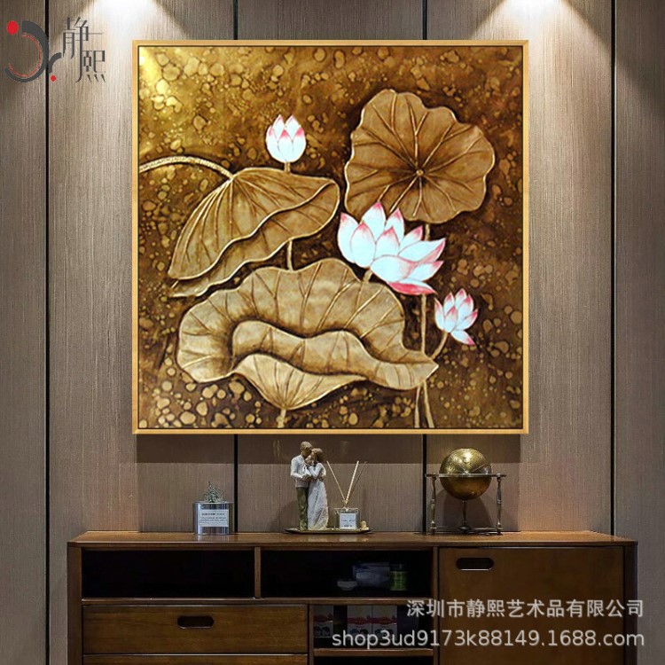 手绘金箔油画玄关走廊过道客厅挂画设计师美容院酒店定制装饰画