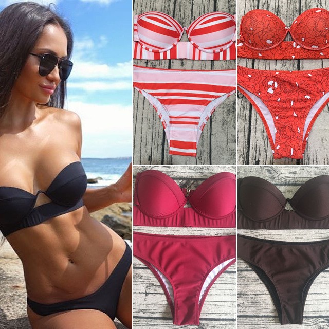 爆款2017速卖通新款欧美比基尼黑色硬包分体泳衣女士泳装bikini
