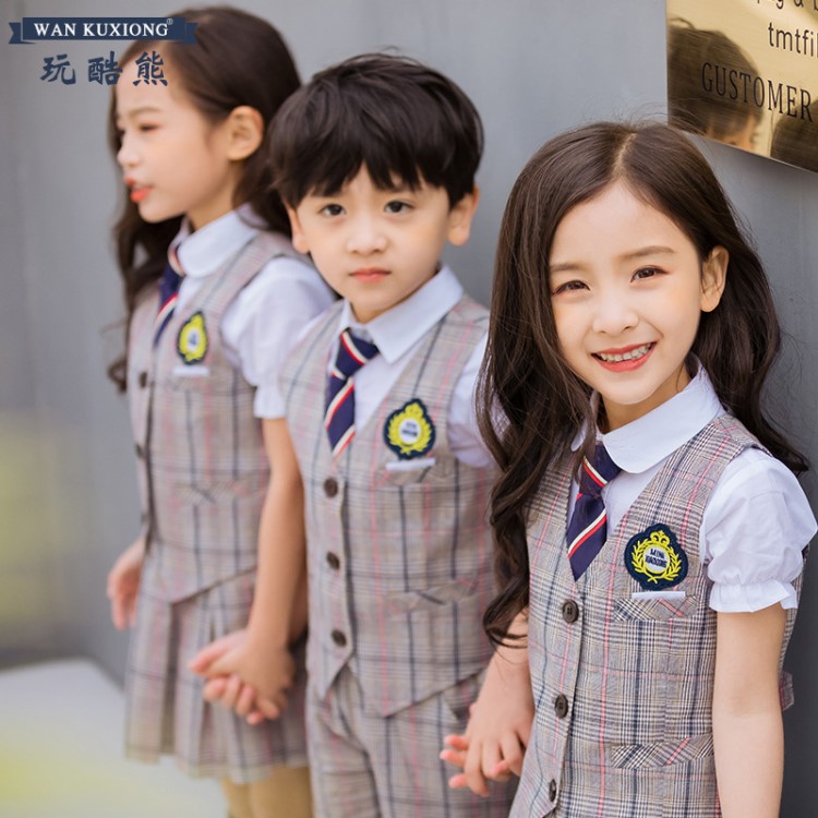 2019新款格子马甲短袖衬衫三件套装幼儿园园服夏装小学生校服定制