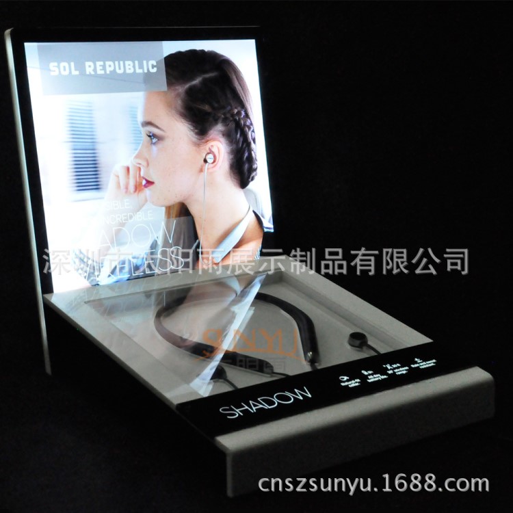 定制 生产 带LED灯 亚克力无线耳机展示架 可换广告纸 款式多样