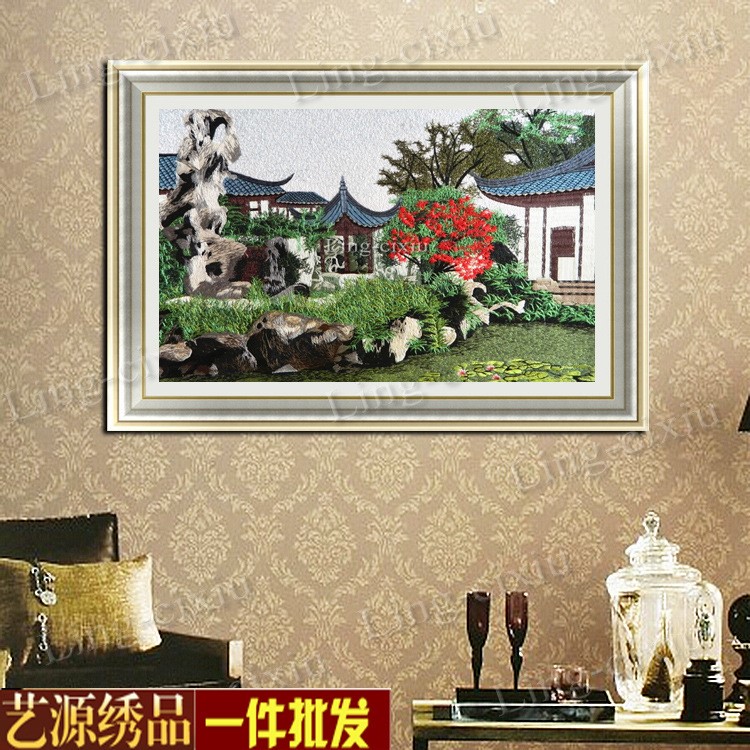 苏州刺绣装饰画成品配电箱挂画软裱礼品苏绣精品园林风景冠云峰