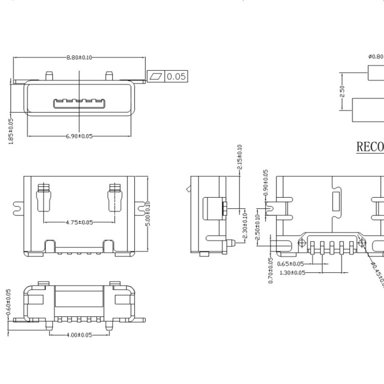 microUSBAB正向方口全贴带柱板端母座micro直/卷边正向母座连接器