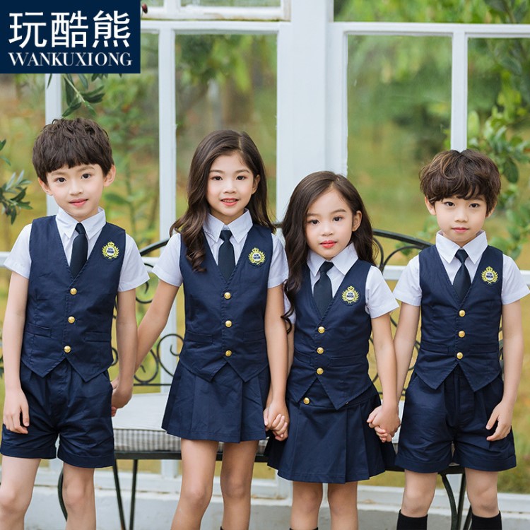 玩酷熊童装儿童短袖衬衫马甲三件套小学生校服班服幼儿园园服夏装