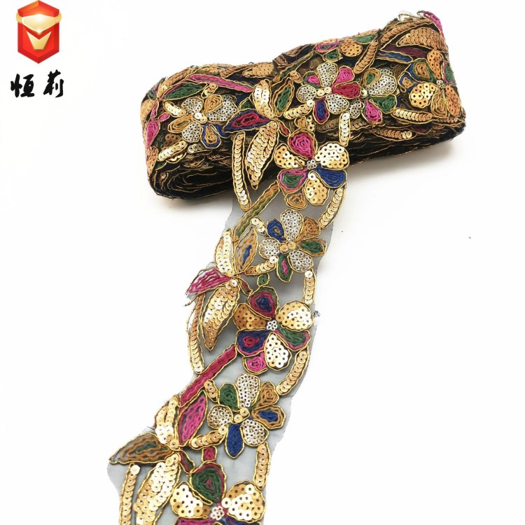 外贸花边 印度风网纱刺绣花边 民族风亮片车股绣花条码 服装辅料