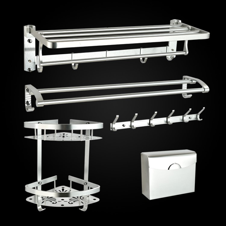 太空铝五件套卫生间浴室置物五金挂件挂架套装含双杆角架挂钩