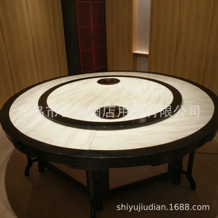 济南酒店餐厅新中式实木电动餐桌 会所宾馆包厢大理石电动桌