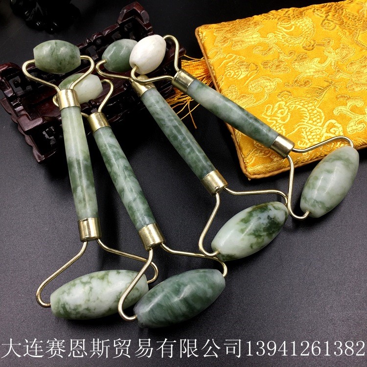 天然岫玉玉石美容器按摩棒滚轮 玉石按摩器美容玉石按摩棒