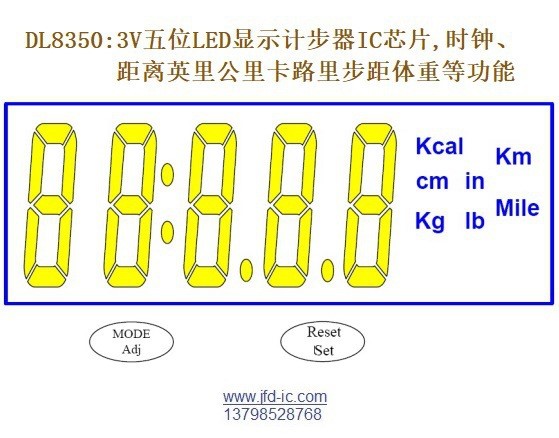 DL8350:3V五位LED显示计步器IC芯片,时钟、距离英里公里卡路里