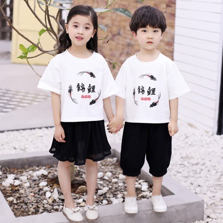 2019夏季儿童幼儿园班服套装韩版休闲儿童锦鲤短袖T恤校服两件套