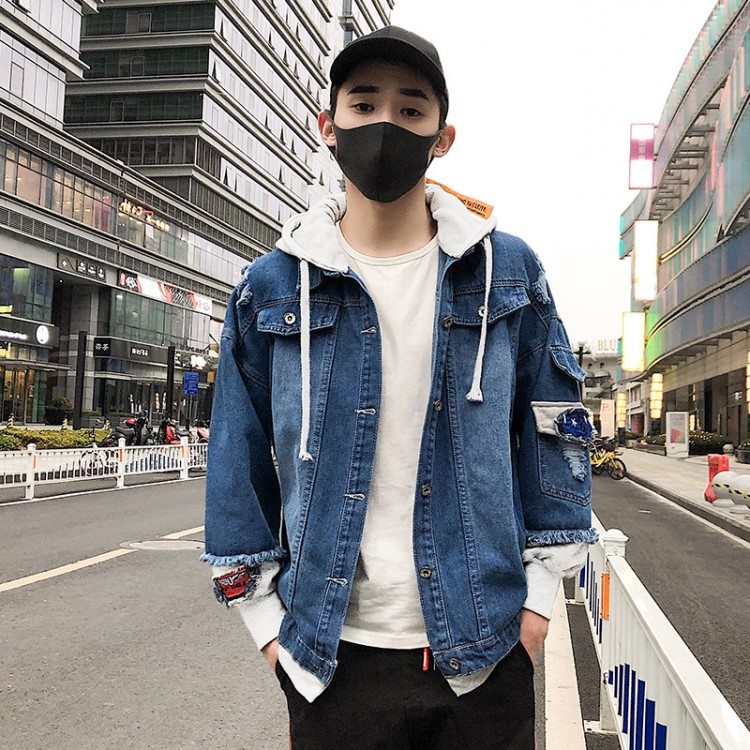 2018新款牛仔夹克外套男士春秋季韩版潮流休闲帅气假两件宽松衣服