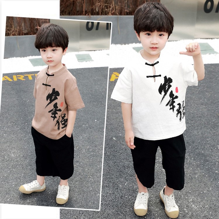 2019夏季男童棉麻汉服套装民族风新款中小童短袖少年强唐装两件套