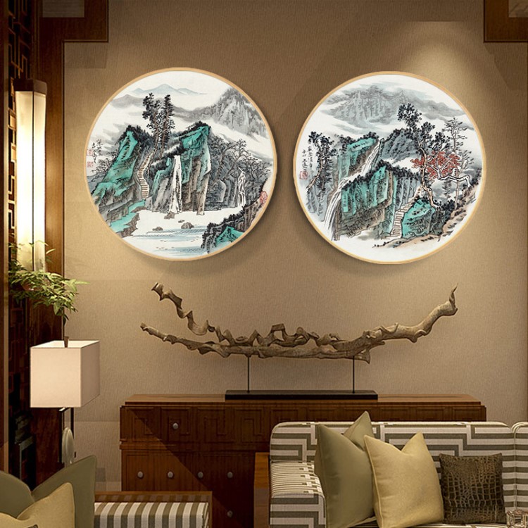 新中式山水风景禅意国画实木圆形挂画餐厅装饰画茶楼饭厅圆框壁画